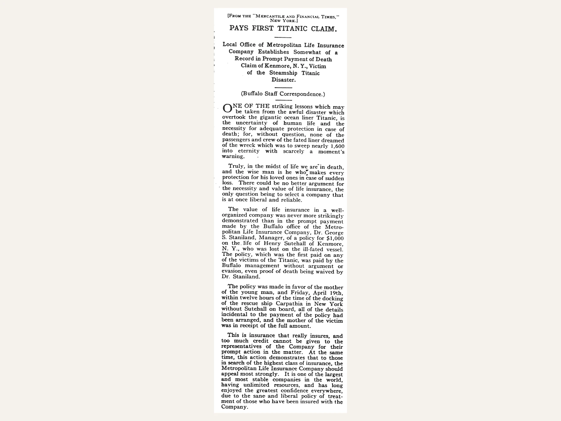 1912: MetLife paid the first Titanic claim